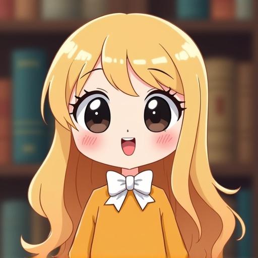 Cartoon anime girl with long wavy blonde hair. Quirky ahoge and wide black googly eyes. Friendly smile wearing a mustard yellow sweater and white bow tie. Library background with books. Simple cartoon style with flat shading and clean lines. Wholesome cheerful expression. Web animation aesthetic and quirky expressive posture. Soft indoor lighting.