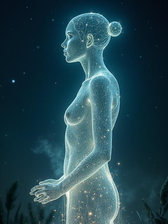 A mystical image of a divine figure set against a starry night sky. The figure appears illuminated and translucent with a dreamy appearance. The background features starry textures creating an otherworldly atmosphere.