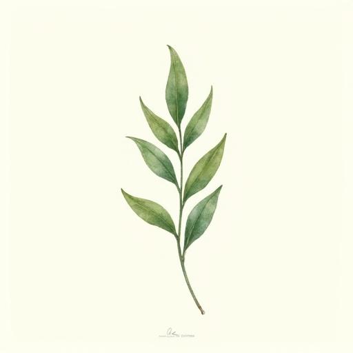 Delicate watercolor illustration of single upright sprig. Sprig features lance-shaped green leaves. Leaves emerge from a curved stem. Leaves have natural size and angle variations. Painted with soft sage and olive green washes. Showcases tonal variations and delicate texture. Isolated on light textured off-white background. High resolution and suitable for print. Clean and elegant
