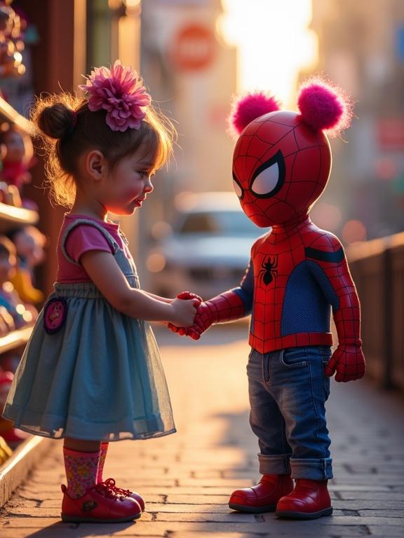 Spider-Man figure interacts with a girl with magenta space buns. They shake hands outside a toy store with sunlight sparkling. The scene is joyful and colorful.