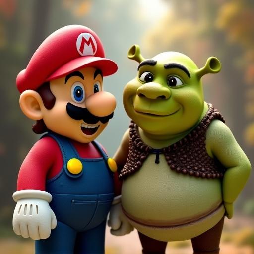 Mario and Shrek depicted in a Pixar animation style. Friendly characters smiling in a colorful forest background