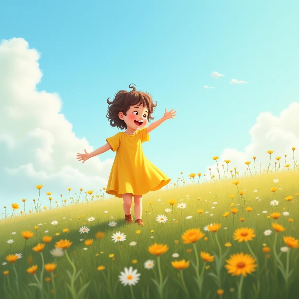 A child stands joyfully on a hill covered with flowers under a bright blue sky. The child wears a yellow dress and smiles, enjoying the outdoors.