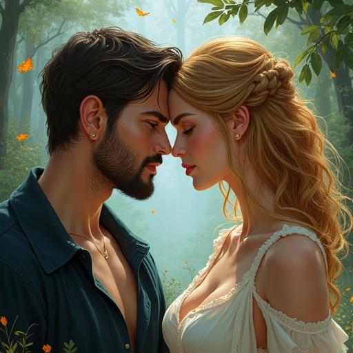 Fantasy illustration depicting a man gazing at a woman with golden hair in a fantasy world