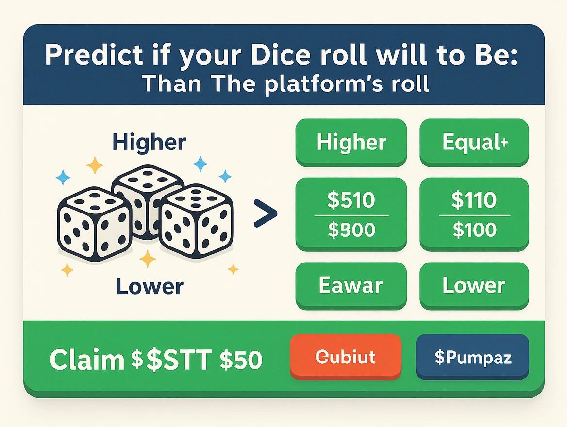 Create a visually appealing image showcasing a dice game design. Include elements for predicting the outcome of a dice roll in comparison to a platform's roll. Emphasize options for higher, equal, and lower predictions. Highlight rewards and incentives for players. Use colorful graphics and engaging layout.