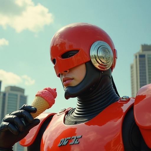 Futuristic character in red armor holding ice cream. Bright sunny day with a city background. Focus on character's expression.