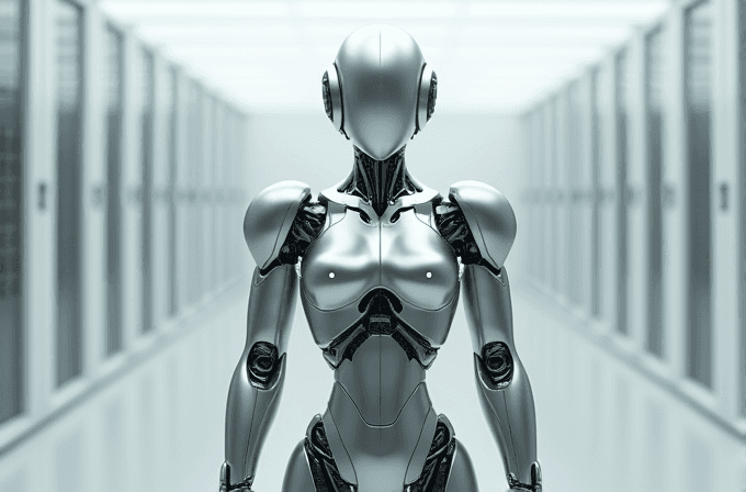 A sleek, silver humanoid robot stands in a futuristic corridor lined with server racks.