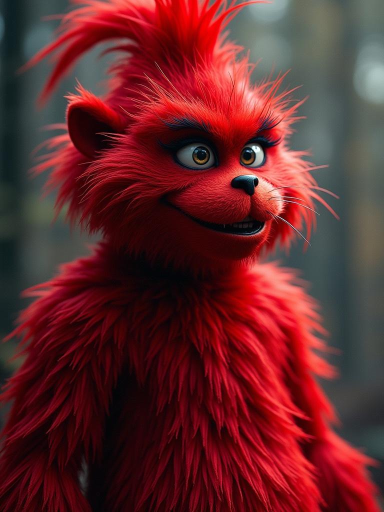 A character showcases bright red fur with a playful and whimsical design. The vibrant red contrasts with a blurred natural background, creating an enchanting atmosphere.