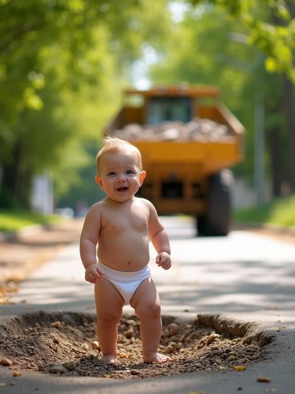 A baby stands confidently in a large pothole filled with gravel on a sunny suburban street. The baby wears only white underwear and has a curious expression. A large construction vehicle is seen approaching in the background. The lighting is bright and warm with lush green trees lining the street.