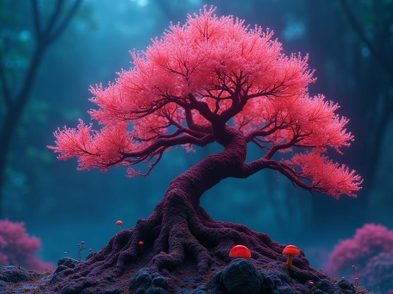 A surreal bonsai tree in a liminal space featuring glowing mushrooms and twisted roots. The scene is captured in a macro shot with vibrant colors and neon lighting, embodying a dreamlike atmosphere.
