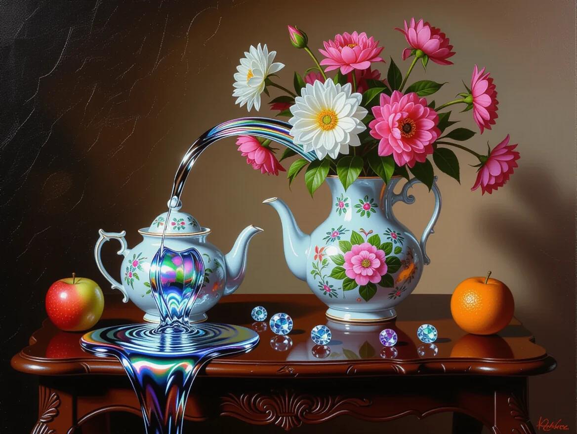 Surrealist still life oil painting. Dark carved wood table holds elegant porcelain teapot and vase of flowers. Both designed in Khokhloma style with mother-of-pearl features. Viscous holographic chrome liquid bubbles and sharp spikes flows from teapot spout. Scene includes fruits and gems on table.