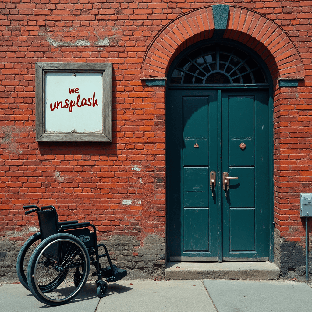 A wheelchair placed beside a traditional green door against a red brick wall.