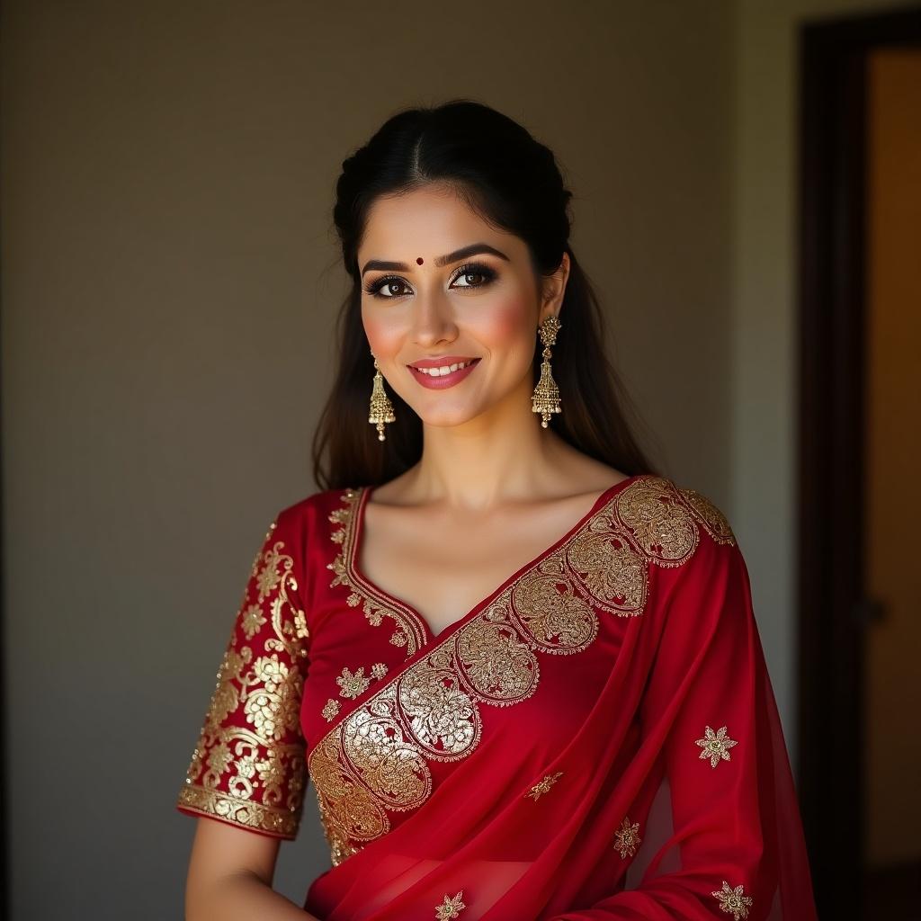 A woman elegantly dressed in a traditional red and gold embroidered saree stands gracefully. The saree features intricate designs that highlight traditional craftsmanship. She has a radiant smile and is accessorized with elegant earrings. Soft, warm lighting enhances her features and the details of the attire. The background is simple, focusing on the beauty of the saree and her joyful expression.