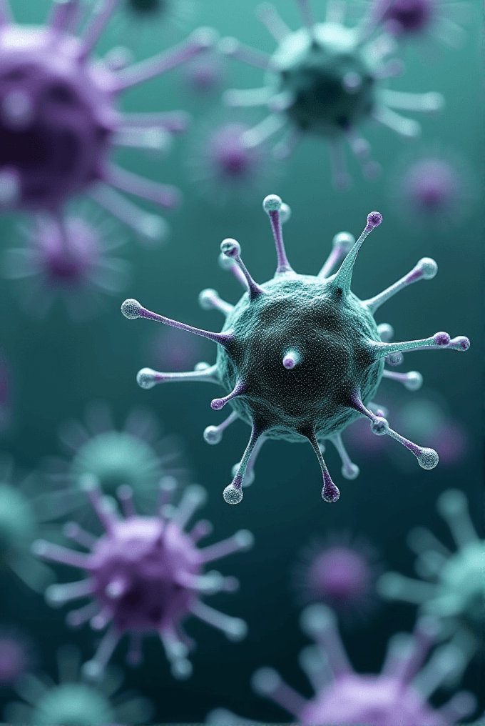 A 3D illustration of virus-like structures with spikes, colored in blue and purple tones.