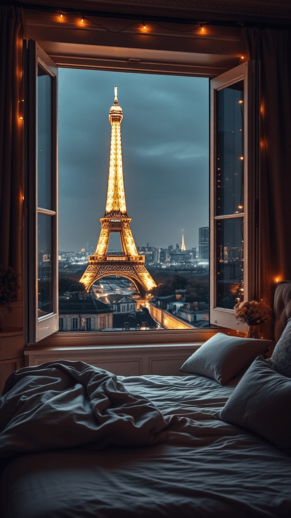 A beautifully lit Eiffel Tower is seen through an open window, framed by open curtains, with a cozy bed in the foreground.