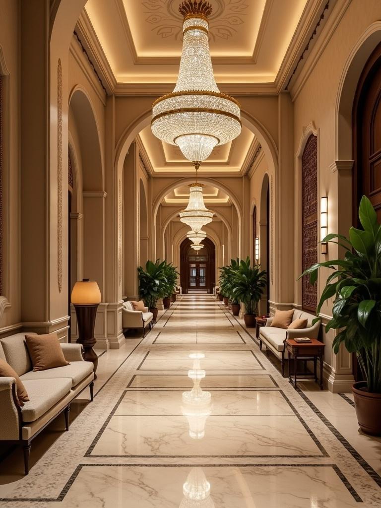 Lobby of a luxurious 5-star hotel. The hallway features ornate chandeliers. Elegant seating areas are placed along the sides. The decor reflects Saudi heritage with warm lighting and marble flooring. Green plants add freshness to the environment.