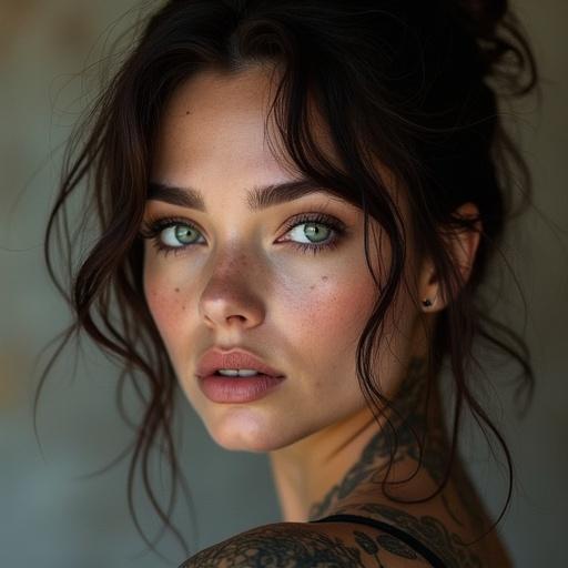 Close-up portrait of a woman with beautiful facial features. Natural skin tones and soft makeup. Tattoos visible on her body. Engaging expression with captivating green eyes. Natural light enhancement of beauty.