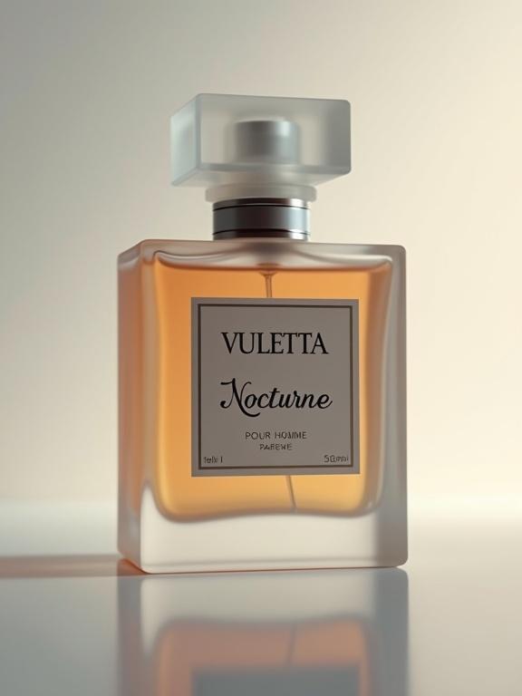 Minimalist frosted glass perfume bottle with square base and rounded top. Contains warm dark amber liquid. Partially obscured by frosted surface. Reflective surface enhances elegance. Background features soft gray for minimalist aesthetic. Cream-colored label with VULETTA in bold bespoke font. Below it 'NOCTURNE' in flowing script. 'POUR HOMME' beneath. Faint metallic silver PARFEME near bottom. Warm amber outline along label's edge. Close-up shot with vibrant warm color grading and light leaks.