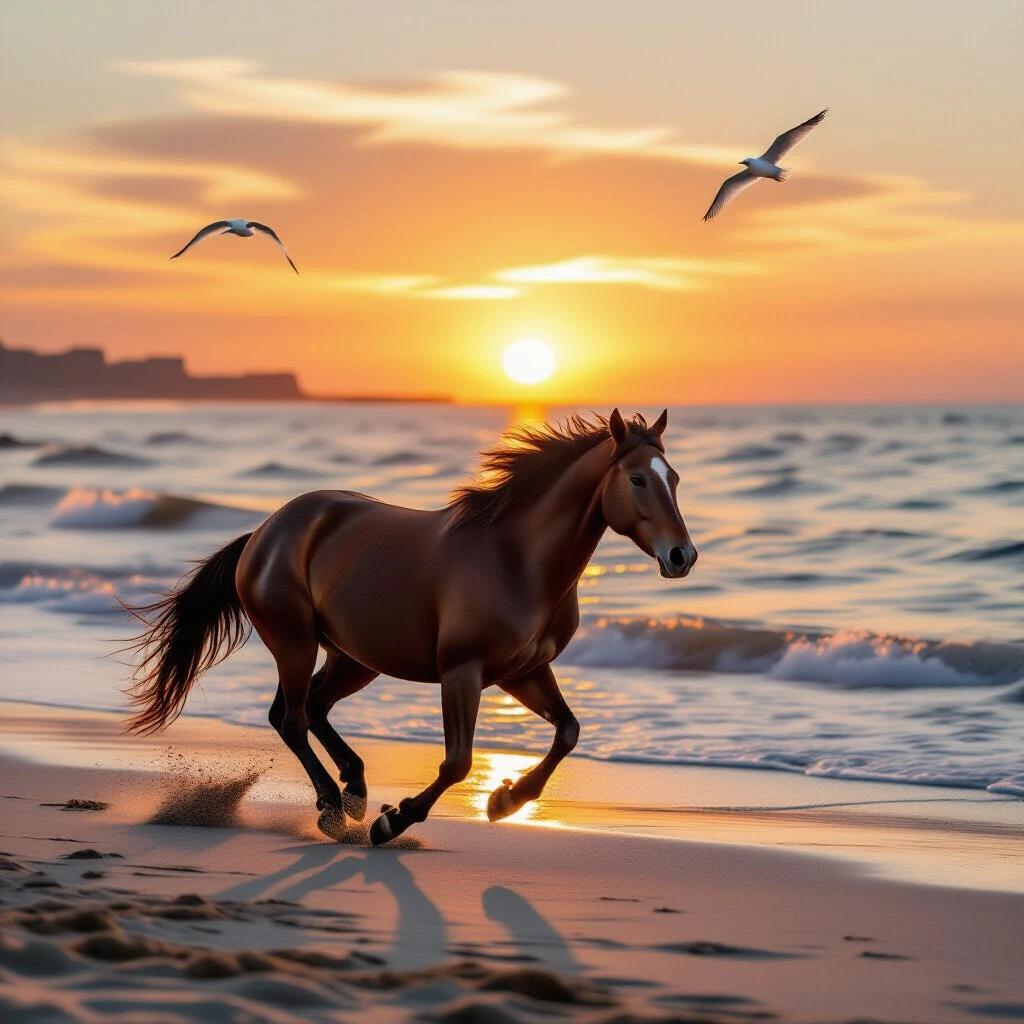Horse running on the beach during sunset. Soft orange and pink tones dominate the scene. Background features shimmering sea and vibrant sunset sky. Creates a tranquil and romantic atmosphere. Horse silhouette highlighted by the sunset. Seagulls flying overhead add dynamic elements. Overall style is natural and poetic, evoking a sense of relaxation.
