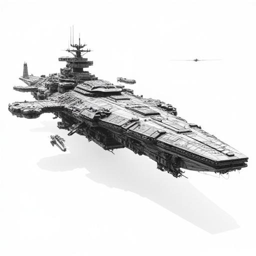 Detailed black and white line drawing of a massive capital spaceship or combat station. Long modular structure with multiple interconnected cylindrical and rectangular sections. High level of surface detail, turrets, antennas, bridges, docking ports, and greebling. Several small escort ships flying around. Impressive perspective showcasing size. Clear line style with fine and precise hatching for shading.