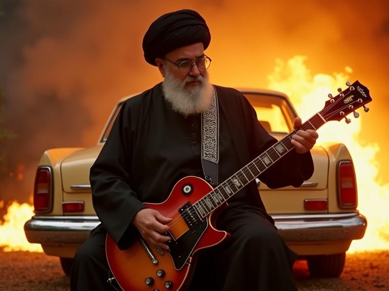 Ayatollah figure playing electric guitar in front of burning car