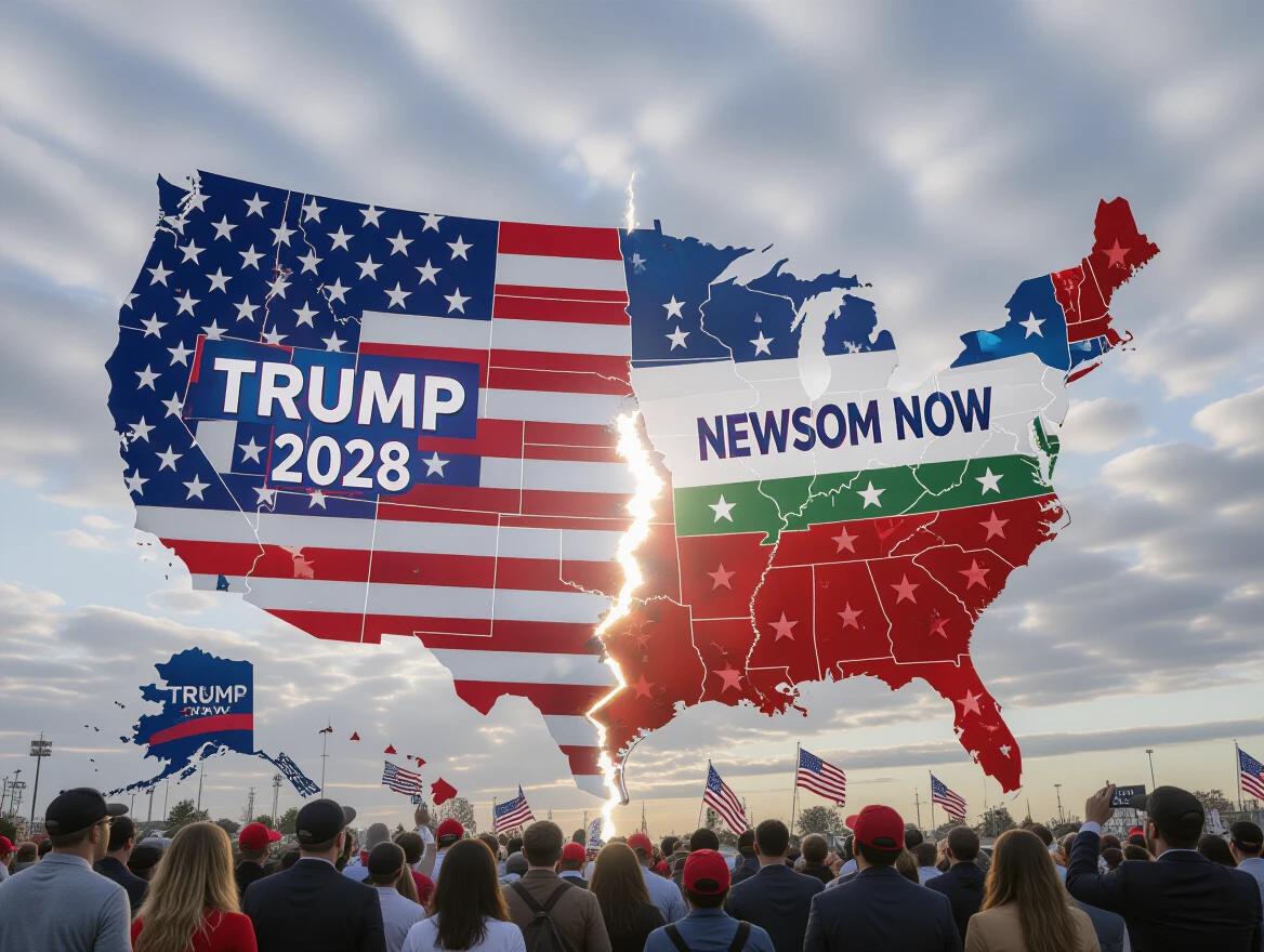 Ultra-realistic 3D rendering of a split USA map. One half shows 'TRUMP 2028' with American flags. The other half displays 'NEWSOM NOW' with green and red. Cloudy sky overhead. Crowds with conflicting expressions gathered on both sides.
