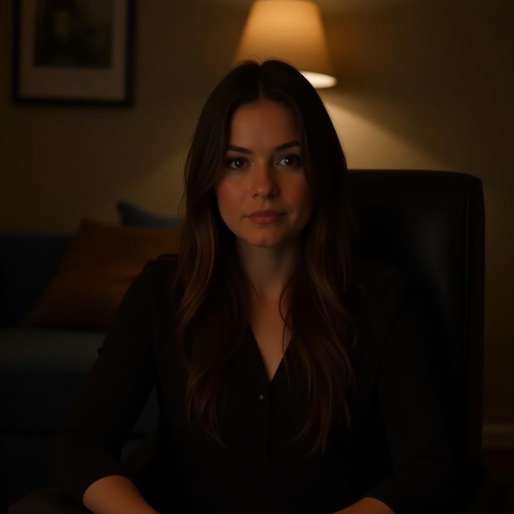 A woman with long hair sits in a dimly lit room. Warm lighting illuminates the scene, creating a cozy atmosphere. The room contains soft colors and furniture, enhancing a relaxed vibe.