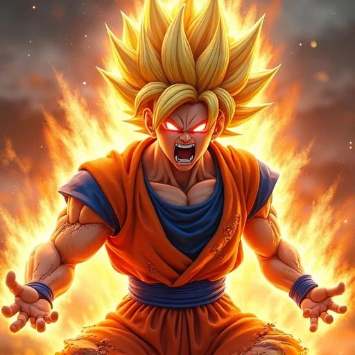 A hyper-realistic anime-style rendering of a Super Saiyan warrior. The character has spiky golden hair glowing with inner fire. Intense red eyes express rage. The arm is thrust forward toward the camera with forced perspective. Torn orange and blue gi shows battle damage. Skin and clothes have glowing fissures, indicating fiery energy. An explosive golden aura surrounds him with fiery particles and smoke. Volumetric lighting creates cinematic shadows and highlights on the sculpted texture and musculature. Background is an abstract fiery battlefield with heat haze.