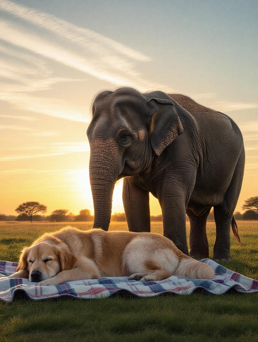 A worried elephant stands protectively next to a lying golden retriever on a blanket. The scene is illuminated by sunset lighting. The tone is emotional and somber. The image is photorealistic.