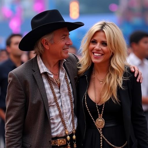 Evo Morales and Avril Lavigne smiling together at a vibrant carnaval event. They are dressed flamboyantly, with a backdrop of a lively crowd.