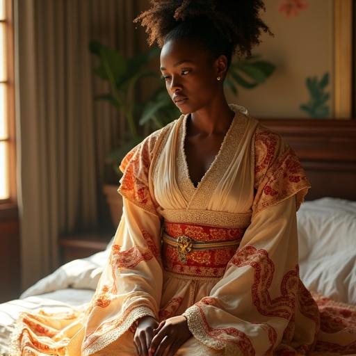 An Afro goddess integrates Yoruba mythology with Japanese fashion. She wears a fusion outfit, combining maid elements and kimono styles. Light surrounds her in a luxurious bedroom, making bed-making movements with calm dignity. The atmosphere is magical and elegant.