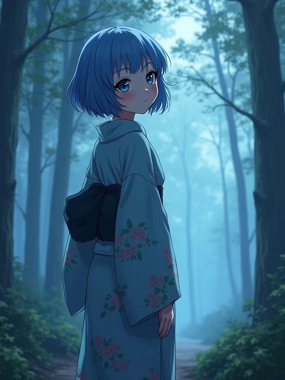 Anime girl in a yukata stands in a mystical forest. Short blue hair and large expressive eyes attract attention. Soft lighting creates an ethereal atmosphere. The character displays a thoughtful expression, evoking curiosity and wonder.