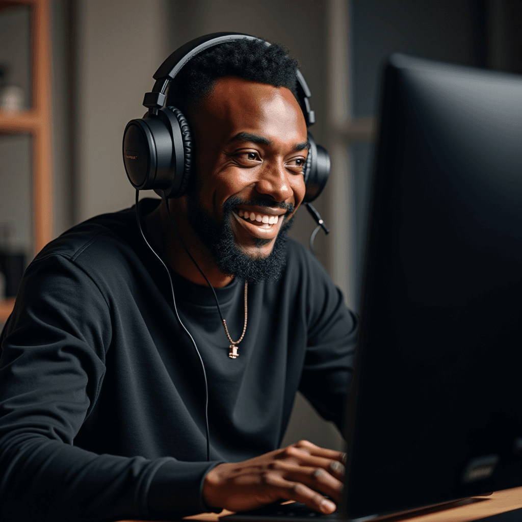 A person wearing headphones smiles while looking at a computer screen.