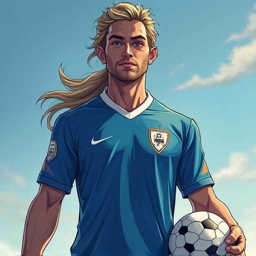 Image of a male character inspired by anime. Character wearing soccer attire. Blue jersey with logo. Standing confidently with a soccer ball.