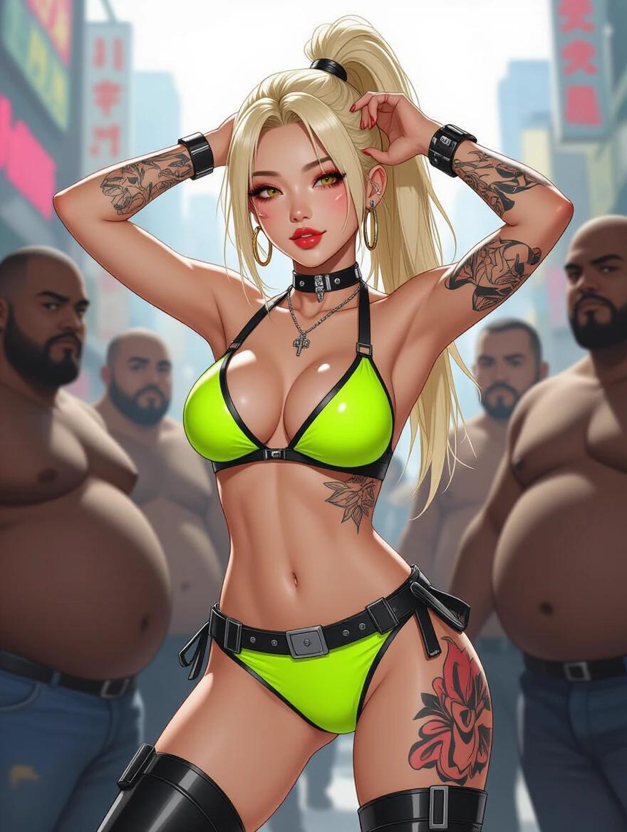 A cyberpunk model stands confidently in a bright neon bikini. The model has a high blonde ponytail with tattoos visible on her body. She raises hands high while bending to the side. The background features a crowd of men with distinct looks. Illustration in a bold cartoon style with vibrant colors.