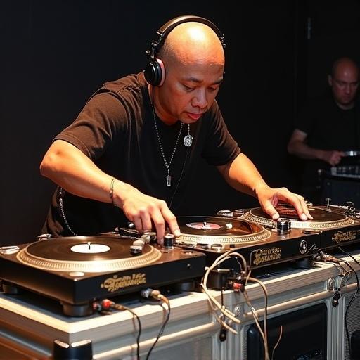 DJ performing energetic turntable tricks at a high-speed competition setting. Two turntables positioned closely together with a professional mixer on the side. Exciting atmosphere of a DJ contest with a focus on skill and speed.