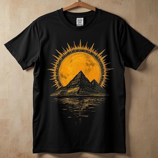 Black t-shirt features golden toned pyramids and an Egyptian sun on the back.