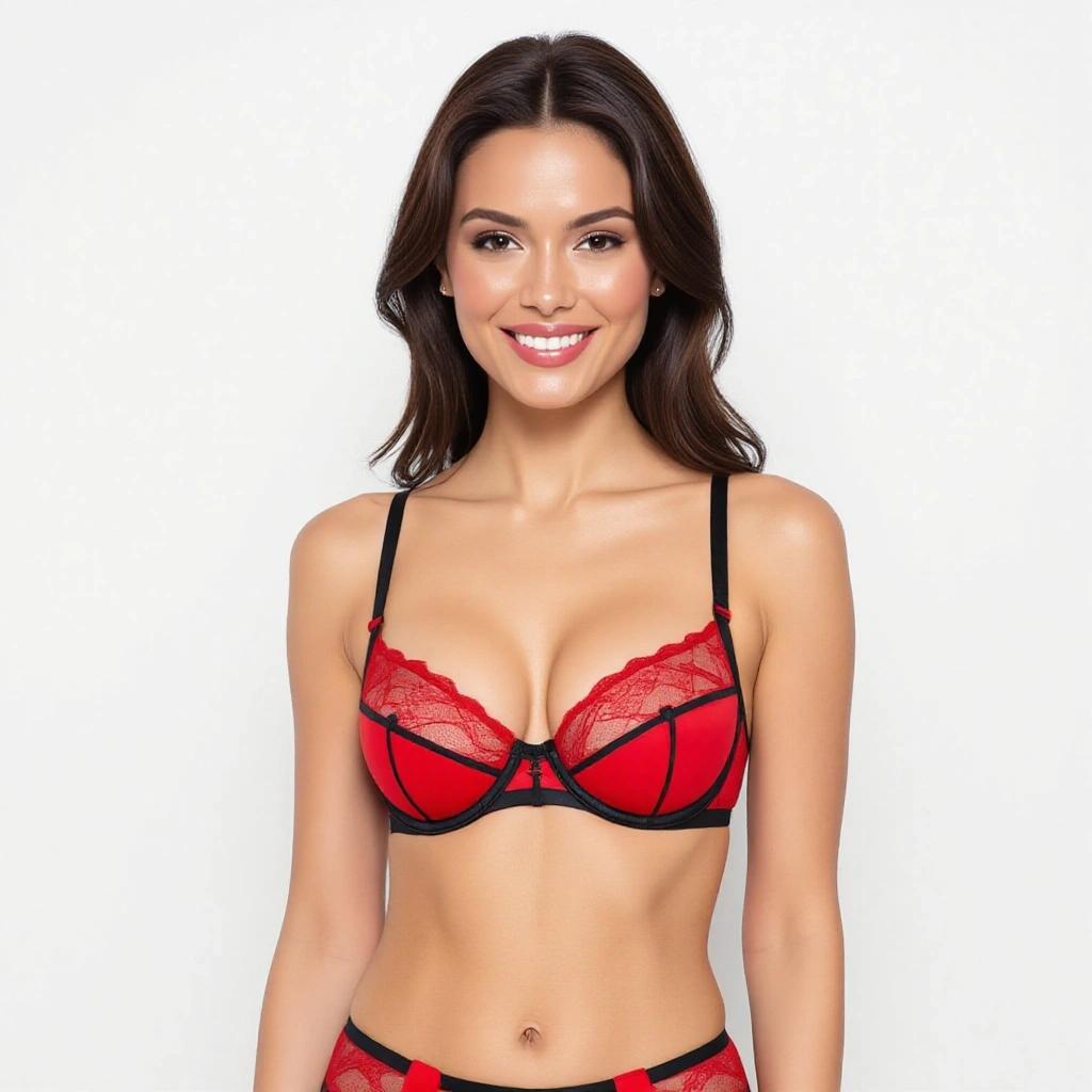 Model wearing red lingerie with black accents. Features a toned midriff and slender frame. Displays a coy smile. Bright color scheme incorporates Chinese textures. Visual is alluring and eye-catching.