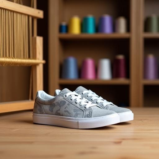 Professional product photograph of a pair of grey low-top sneakers with white laces and white soles. Sneakers have subtle camouflage pattern accented on the side and heel. Placed on light brown wooden surface. Background features a wooden shelving unit filled with colorful threads in various shades. Golden threads visible within a wooden frame resemble a loom. Scene illuminated by soft warm lighting. Clean sophisticated aesthetic with shallow depth of field.
