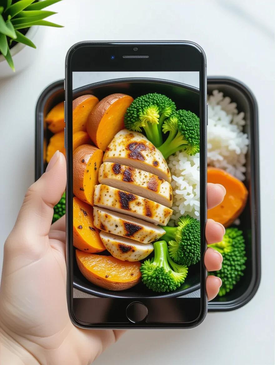 Realistic hand holds smartphone. Phone captures fitness meal. Meal has grilled chicken breast. Sweet potato and steamed broccoli included. White rice also present. Arranged in lunchbox. Image taken from above. Vibrant natural colors visible. Clean background created with natural light.