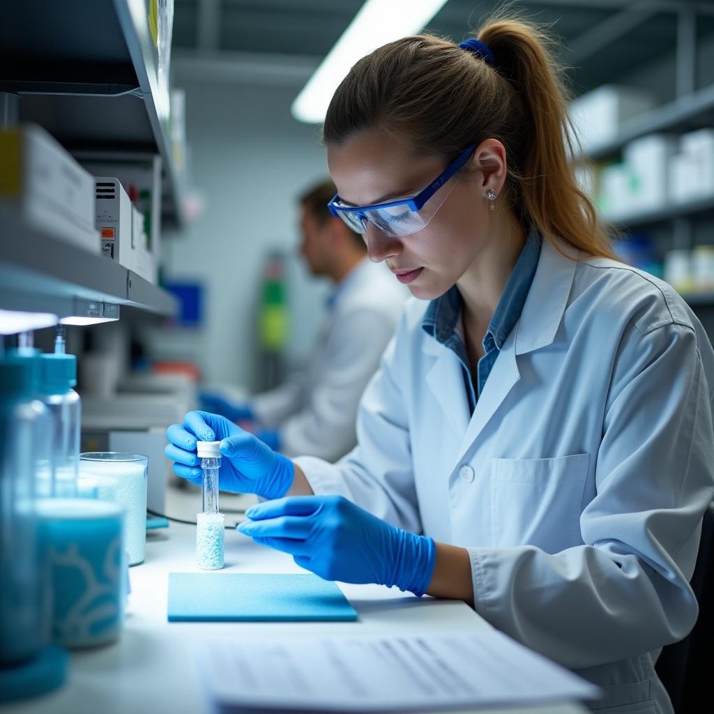 Female scientist working in a cutting-edge laboratory. Focus on ceramic foam coatings and enzyme immobilization. Modern lab setting with equipment and materials present.