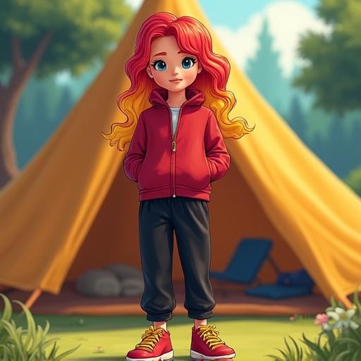 A girl with red and yellow hair stands outside a tent at a summer camp. She wears a red tracksuit top, black track pants, and red sneakers with yellow laces and yellow soles.