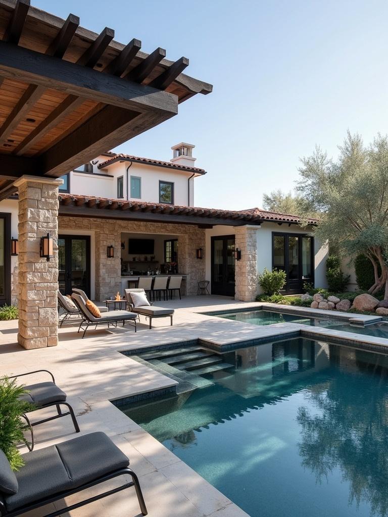 Coastal Mediterranean modern outdoor pool area features pergola and lounge chairs. Includes fire pit and sun deck. Olive trees and stone walls enhance the scenery.