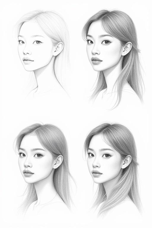 4-step pencil sketch showing face of beautiful Taiwanese girl Step 1 simple outline of face shape Step 2 outlines of eyes nose lips hair Step 3 soft shading on cheeks nose tip lips hair strands Step 4 final pencil sketch smooth skin shading detailed eyes fine hair texture