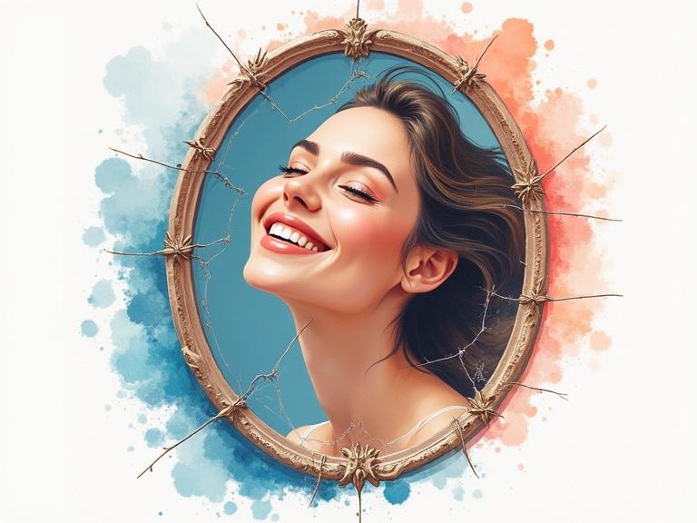 Watercolor splash style art features a cracked mirror. The mirror reflects colors and emotions with splashes in the background. The artwork is framed with a decorative golden element.