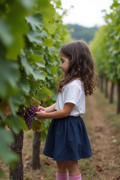 A girl stands beside a vine. She examines grapes. The girl has long curly dark hair. She wears a white top and a dark blue skirt. Pink ankle socks complete her outfit. She is involved in grape checking. The photo captures a vineyard setting.