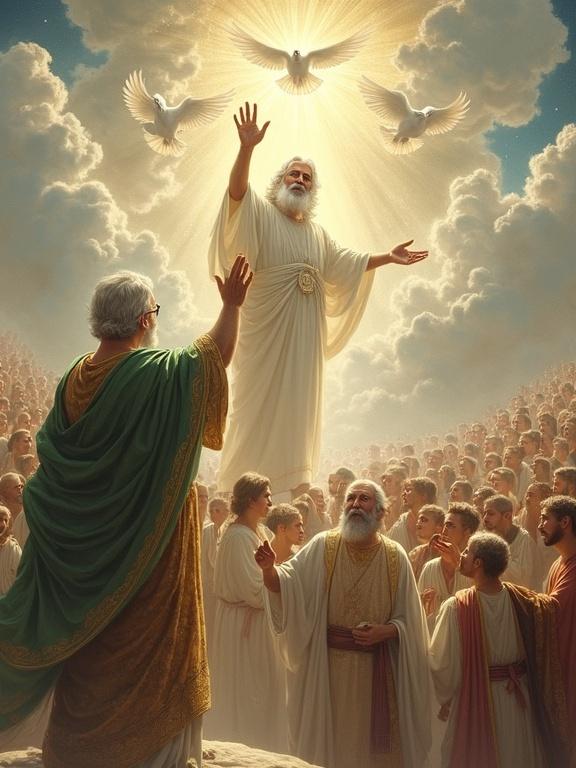 An intricate Persian miniature-style painting shows a divine moment of proclamation. Two elderly male figures stand elevated above a crowd. One has silver hair and a white robe beneath a green and golden cloak. The other is in brown and white garments. They are surrounded by divine light with white birds above them. The crowd shows faces of awe and reverence. Flowing garments and pastel tones create motion and energy, all in a style of Persian spiritual art.