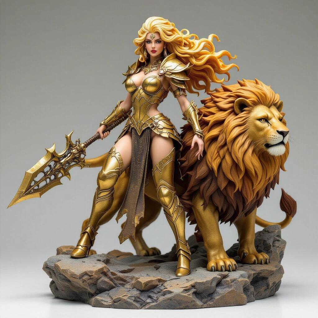 Ultra-detailed resin figure of a female inspired by the Leo sign. A goddess with long golden hair like a mane. She wears golden armor with claw details and a short skirt. She carries a mystical weapon and rides a lion on a rocky base, looking ahead.