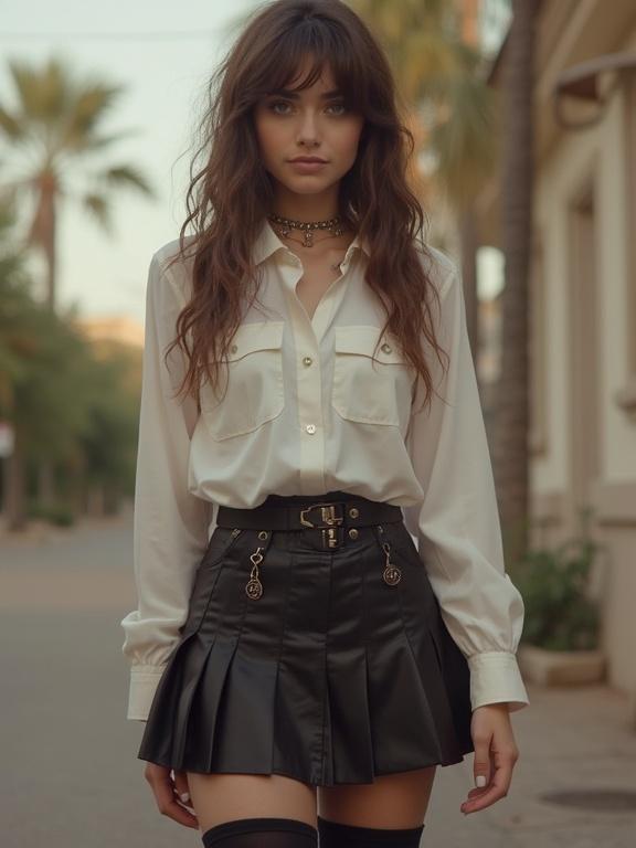 A model wears a stylish white blouse with a black pleated skirt. The outfit is complemented by black thigh-high socks. The setting includes a sunny urban street with palm trees in the background. The model walks confidently down the street.