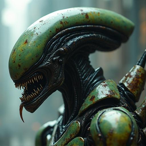 Morphing design of Iron Man armor fused with Alien Xenomorph creating a scary and futuristic appearance. The design features organic textures, rusty and slimy elements. The character is in action mode with a low angle view showcasing intricate details in a cinematic setting.