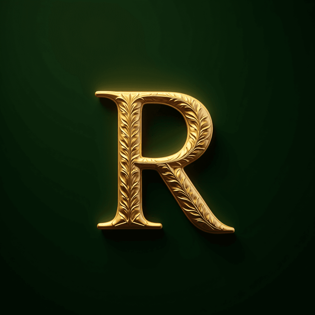 A golden letter 'R' with intricate leaf designs on a dark green background.